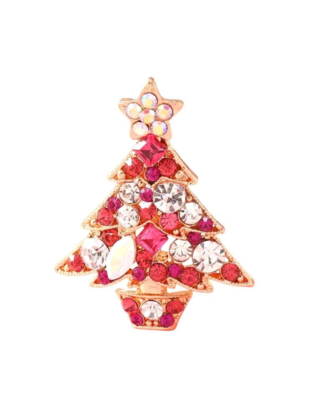Pink & Iridescent Christmas Tree Pin Brooch Gold Tone